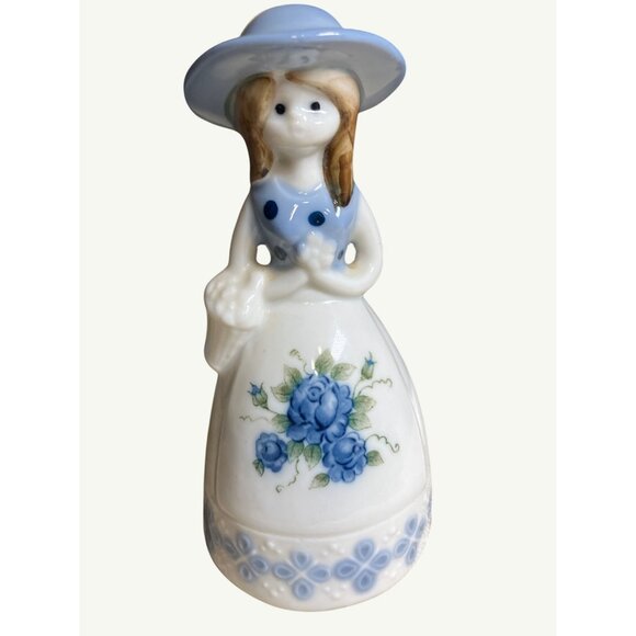 Vintage Hand-Painted Porcelain Bell With Blue White with Hat & Roses Design - Picture 4 of 11
